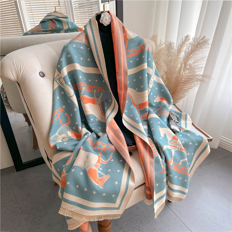 Woven Scarf Blanket - الفاخرة الحصان طباعة سميكة بطانية كشمير