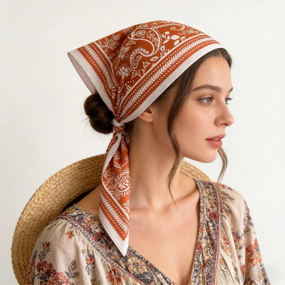 Silk Neck Scarf - وشاح حريري مربع بطباعة الكاجو، شال