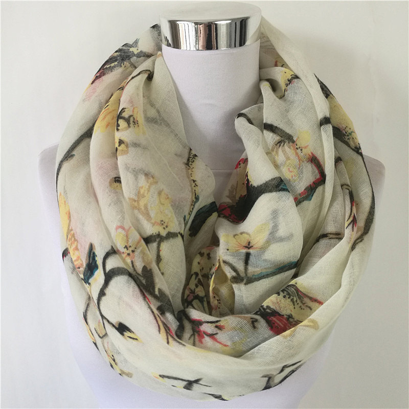 جديد العقعق الطيور طباعة فسكوز - مراجعة Infinity Scarf Knit وسعره