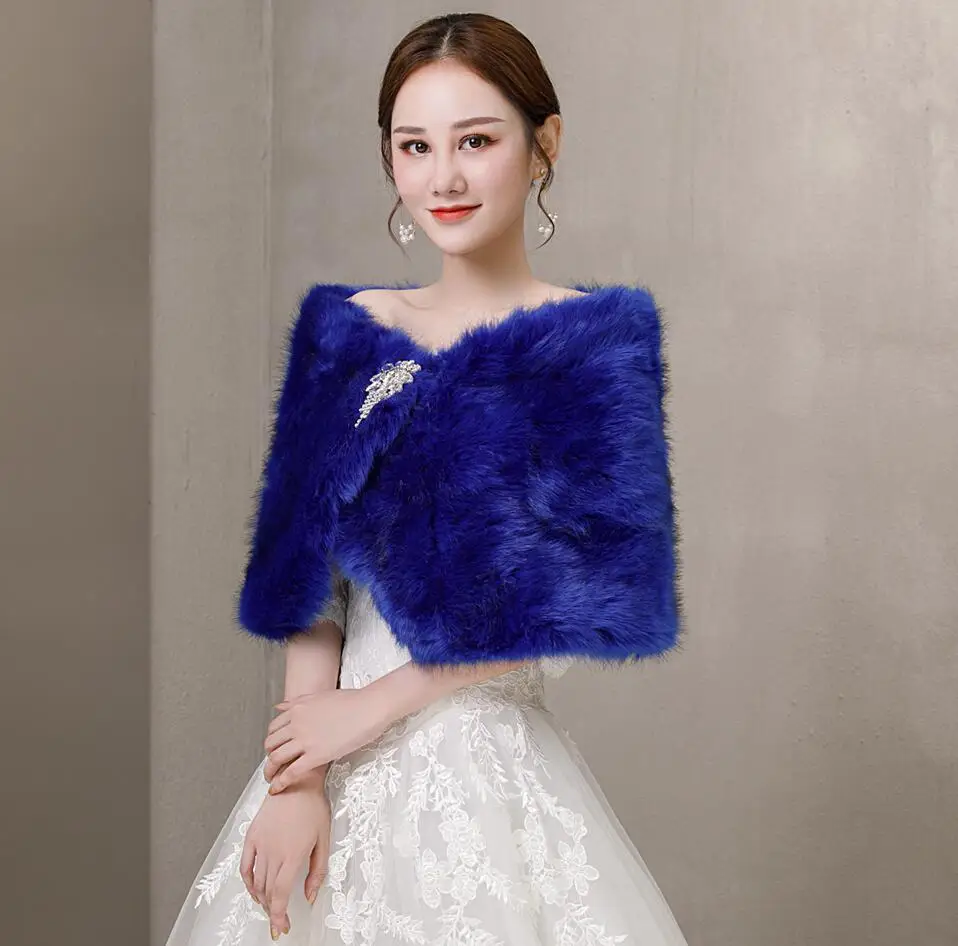 الأزرق فو الفراء كريستال بروش  - مراجعة Stole Wedding Shawl وسعره